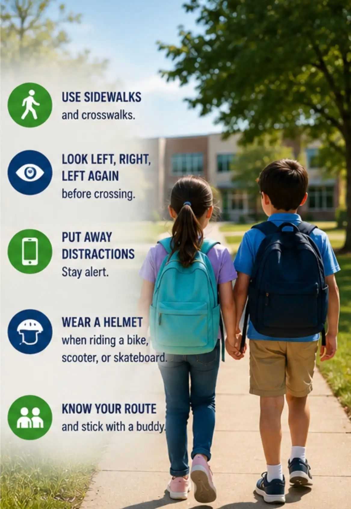 chool safety poster showing two children with backpacks walking on a sidewalk beside tips to use crosswalks, stay alert, wear helmets, and walk with a buddy.
