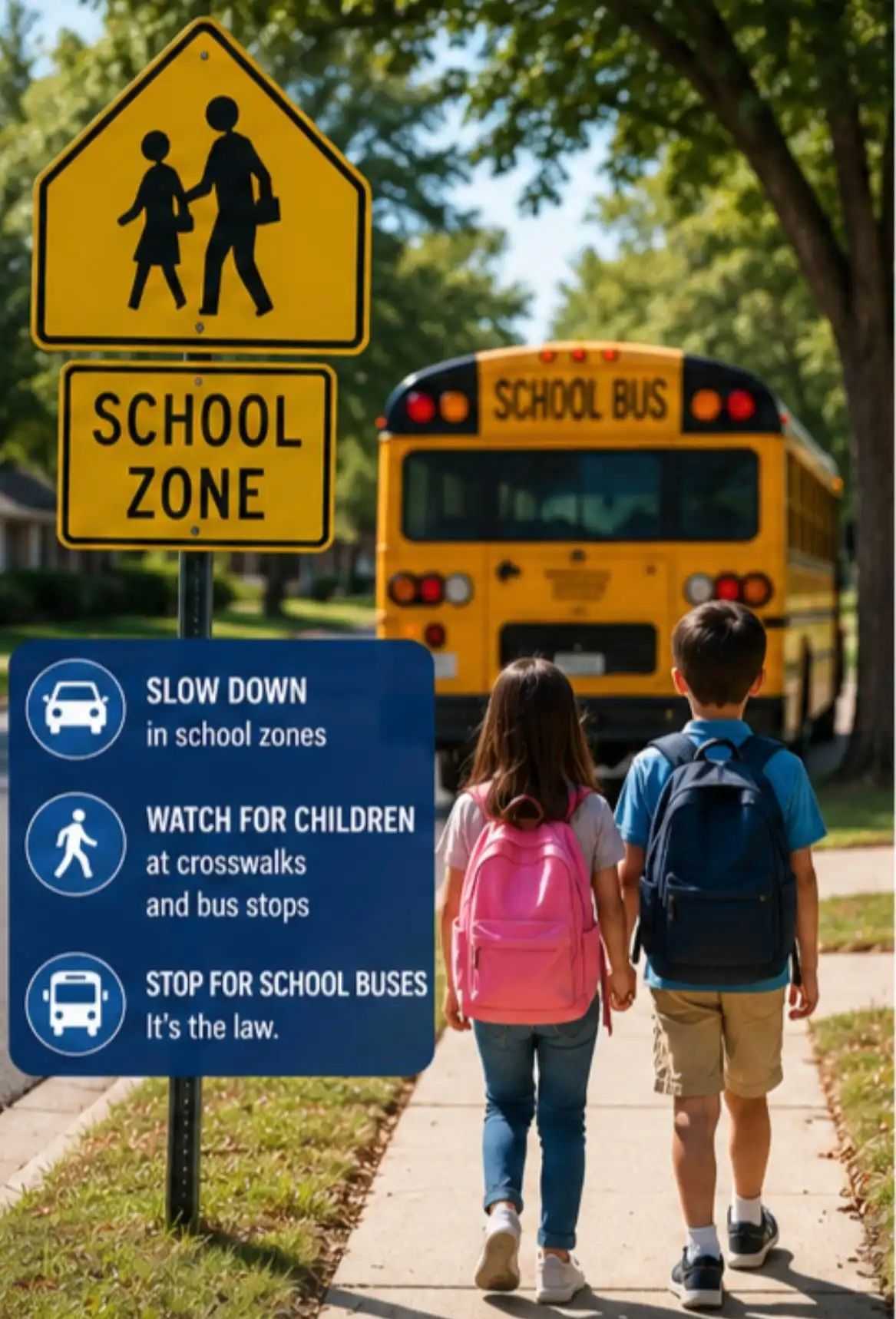 School zone safety poster showing two children with backpacks walking toward a school bus, alongside reminders to slow down, watch for children, and stop for school buses