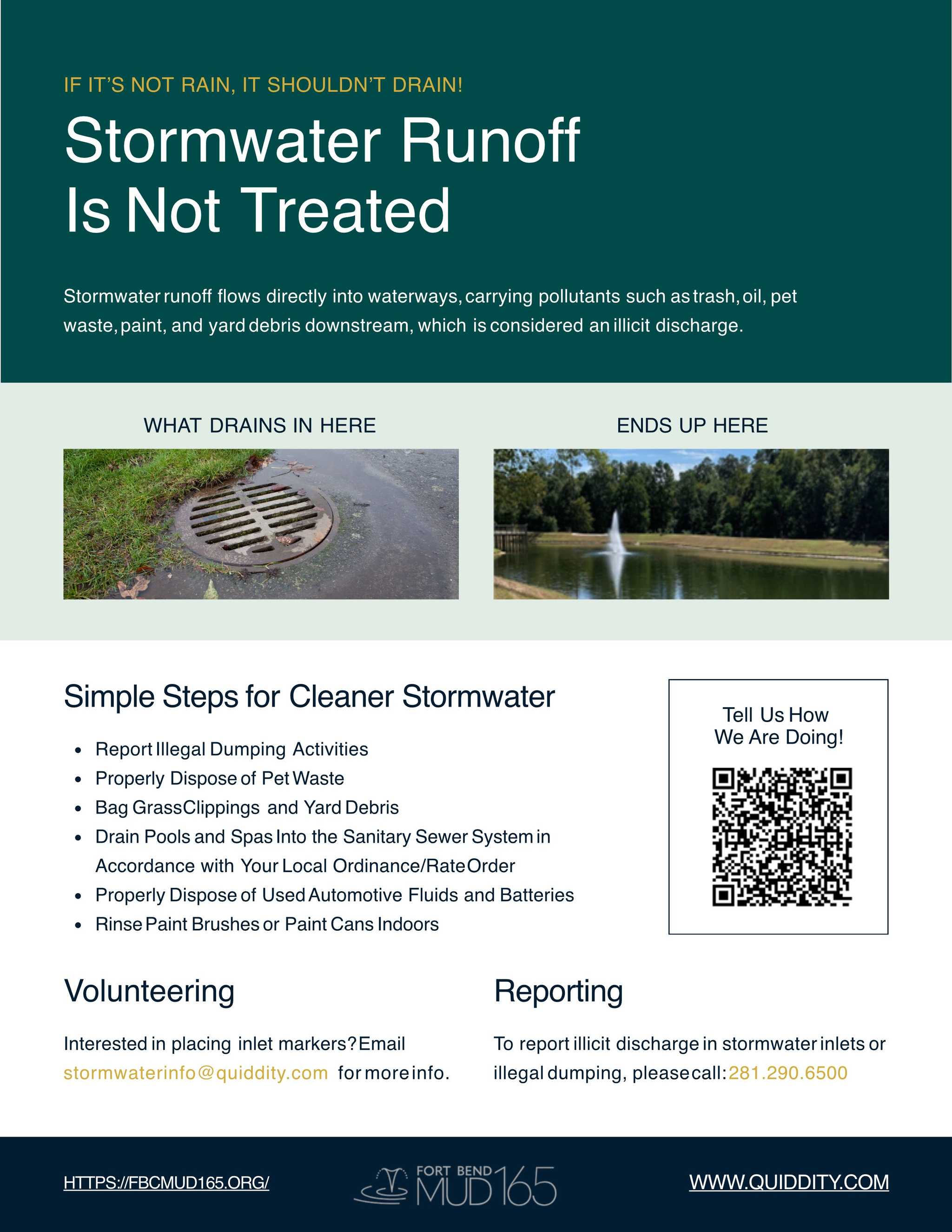 Stormwater runoff awareness flyer explaining that runoff is not treated, showing a storm drain and pond, with tips to prevent pollution and report illegal dumping.